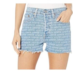 Levi's 501‎ Denim High Rise Cutoff Shorts All Over Logo Print Frayed Hem Size 29